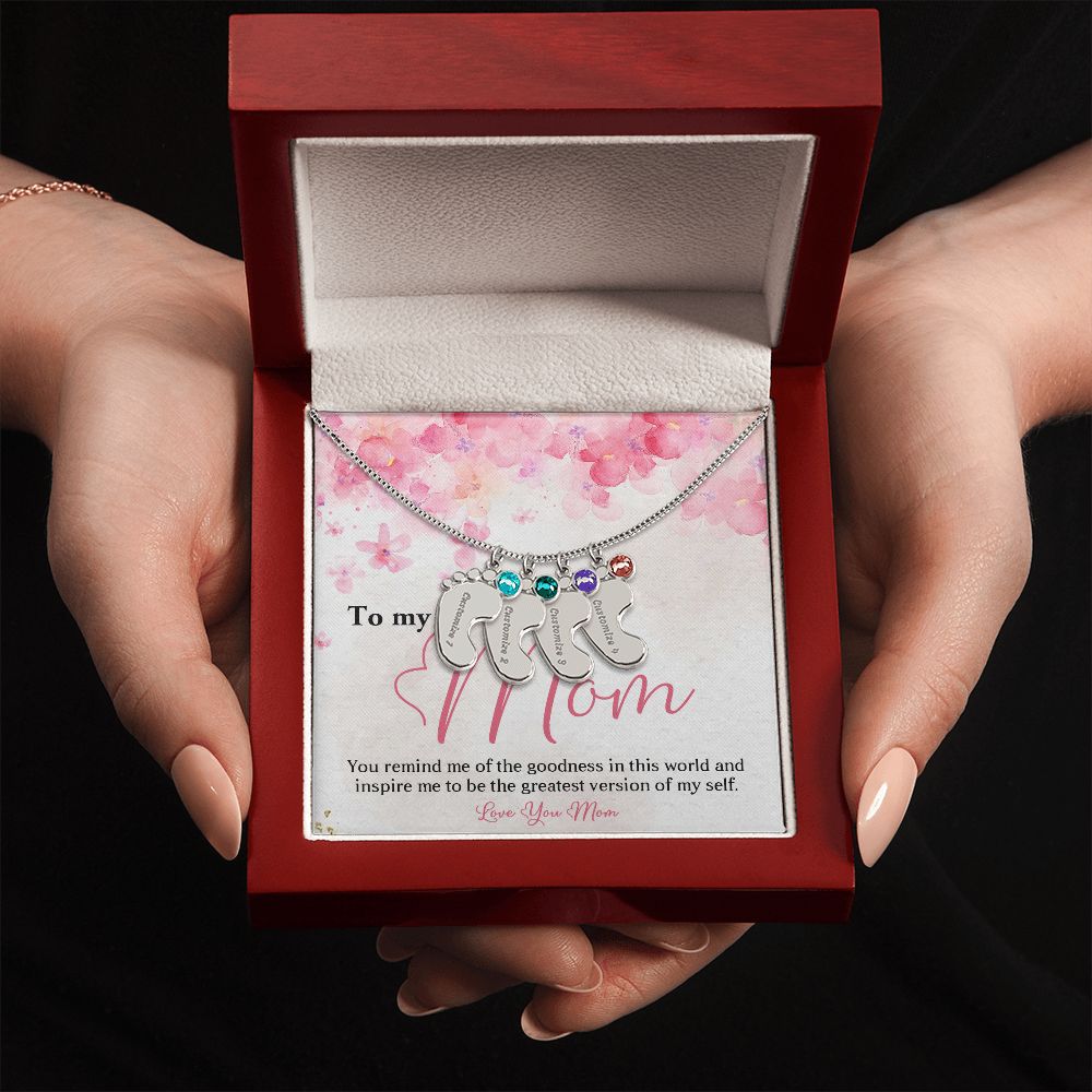ENGRAVED BABY FEET WITH NAME AND BIRTHSTONE, NECKLACE GIFT FOR MOM WITH KIDS NAME, WITH MESSAGE CARD, BIRTHDAY/ MOTHER'S DAY GIFT FOR MOM FROM SON/DAUGHTER