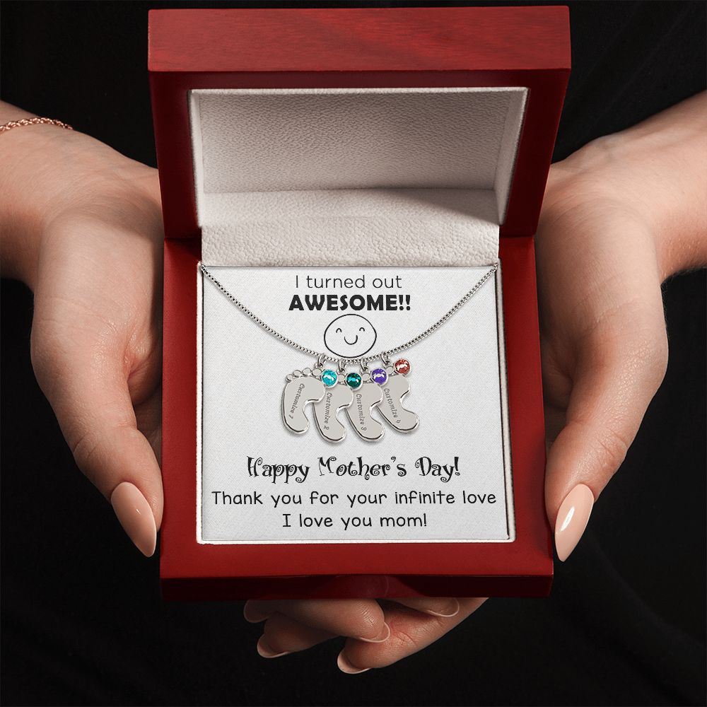 ENGRAVED BABY FEET WITH NAME AND BIRTHSTONE, NECKLACE GIFT FOR MOM WITH KIDS NAME, WITH MESSAGE CARD, MOTHER'S DAY GIFT FOR MOM FROM SON/DAUGHTER