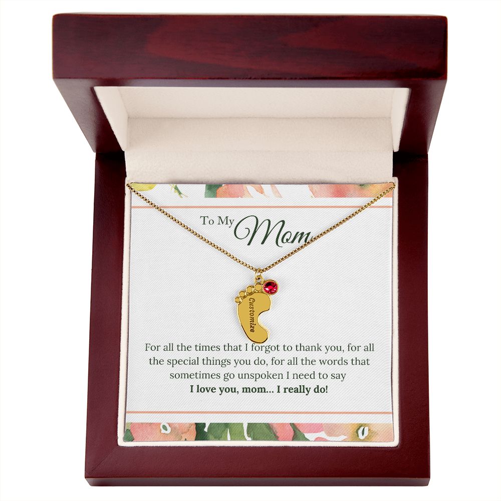 ENGRAVED BABY FEET WITH NAME AND BIRTHSTONE, NECKLACE GIFT FOR MOM WITH KIDS NAME, WITH MESSAGE CARD, HAPPY MOTHER'S DAY GIFT FOR MOM FROM SON/DAUGHTER