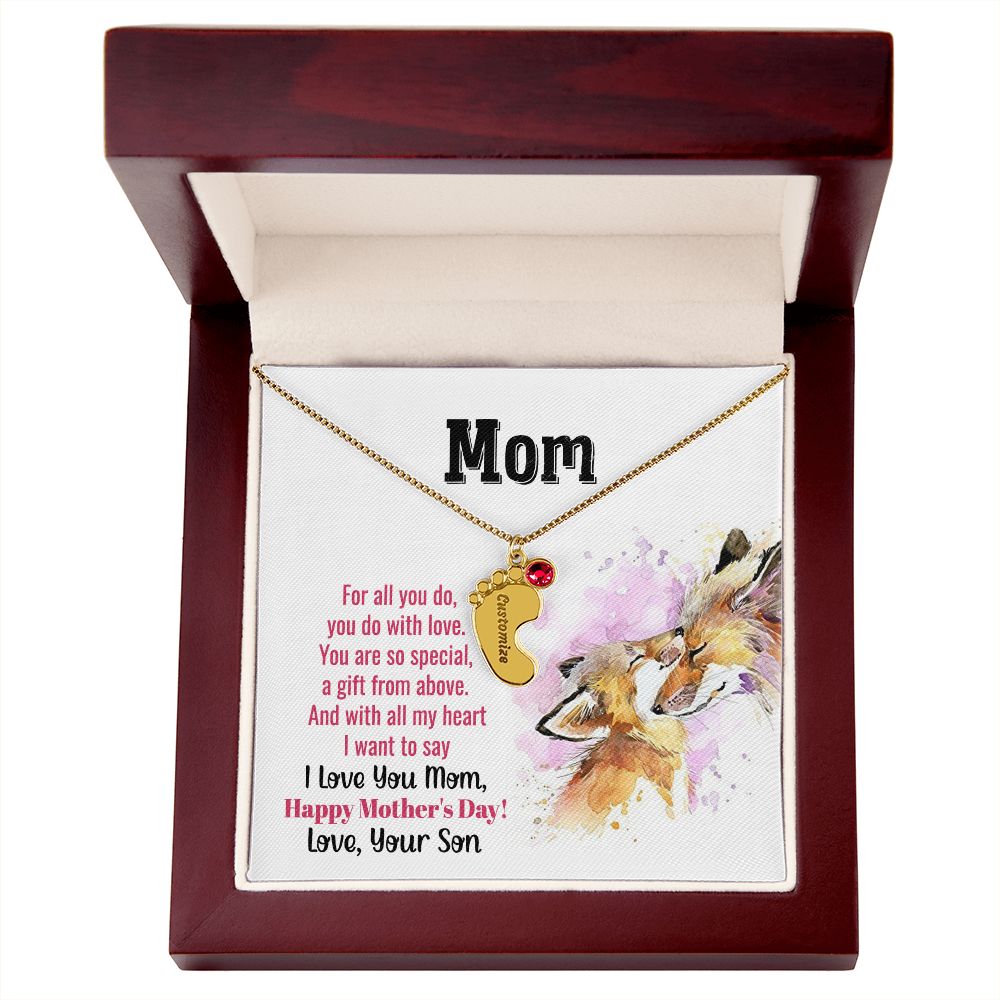 ENGRAVED BABY FEET WITH NAME AND BIRTHSTONE, NECKLACE GIFT FOR MOM WITH KIDS NAME, WITH MESSAGE CARD, MOTHER'S DAY GIFT FOR MOM FROM SON