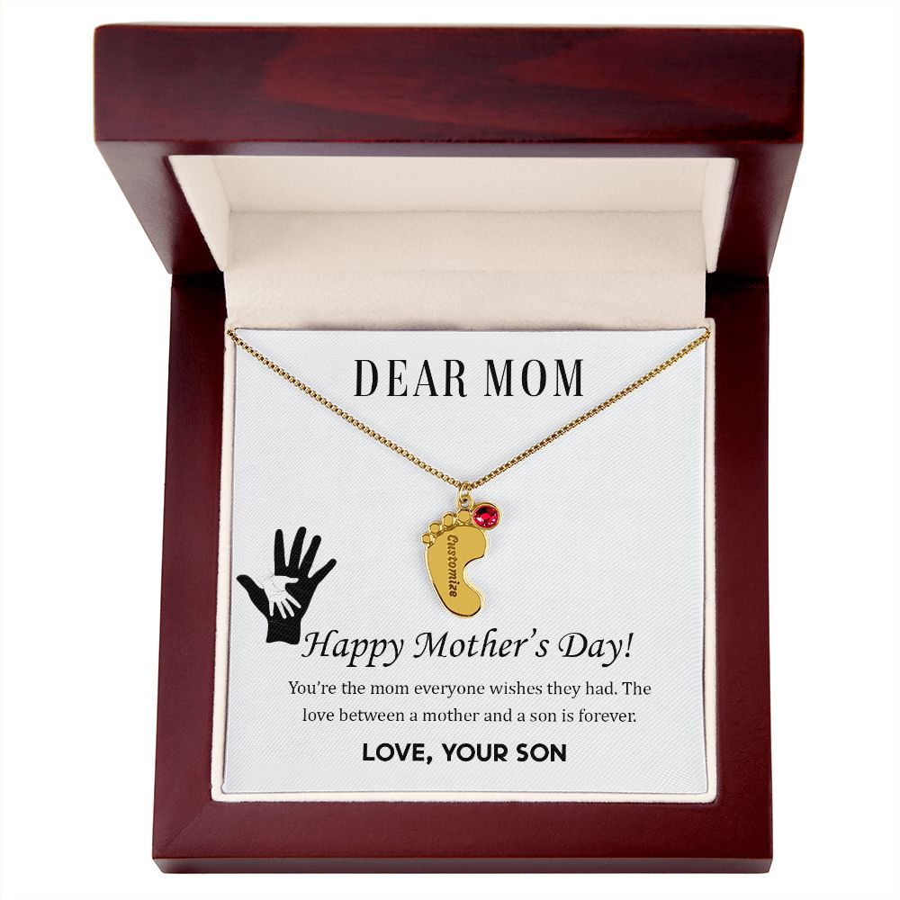 ENGRAVED BABY FEET WITH NAME AND BIRTHSTONE, NECKLACE GIFT FOR MOM WITH KIDS NAME, WITH MESSAGE CARD, BIRTHDAY/ MOTHER'S DAY GIFT FOR MOM FROM SON