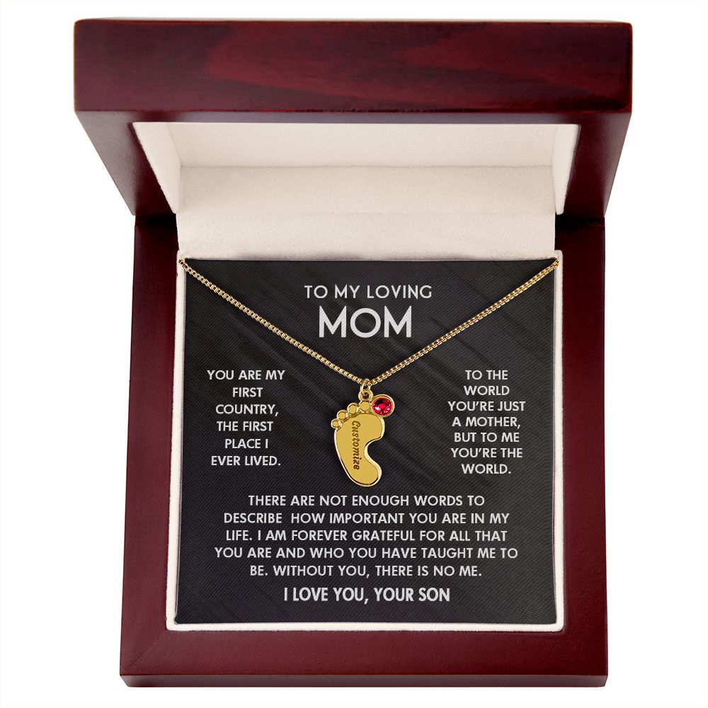 ENGRAVED BABY FEET WITH NAME AND BIRTHSTONE, NECKLACE GIFT FOR MOM WITH KIDS NAME, WITH MESSAGE CARD, BIRTHDAY/ MOTHER'S DAY GIFT FOR MOM FROM SON