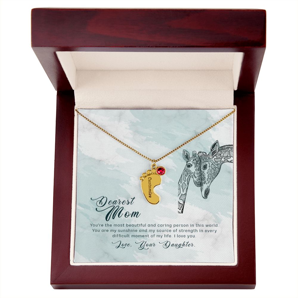 ENGRAVED BABY FEET WITH NAME AND BIRTHSTONE, NECKLACE GIFT FOR MOM WITH KIDS NAME, WITH MESSAGE CARD, BIRTHDAY/MOTHER'S DAY GIFT FOR MOM, FROM DAUGHTER