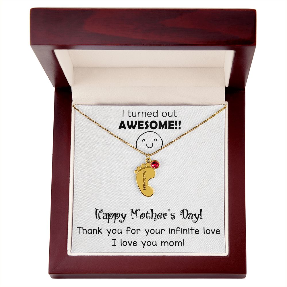 ENGRAVED BABY FEET WITH NAME AND BIRTHSTONE, NECKLACE GIFT FOR MOM WITH KIDS NAME, WITH MESSAGE CARD, MOTHER'S DAY GIFT FOR MOM FROM SON/DAUGHTER