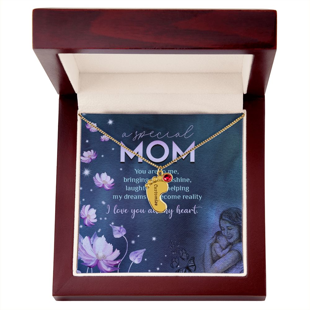 ENGRAVED BABY FEET WITH NAME AND BIRTHSTONE, NECKLACE GIFT FOR MOM WITH KIDS NAME, WITH MESSAGE CARD, BIRTHDAY/MOTHER'S DAY GIFT FOR MOM, FROM KIDS