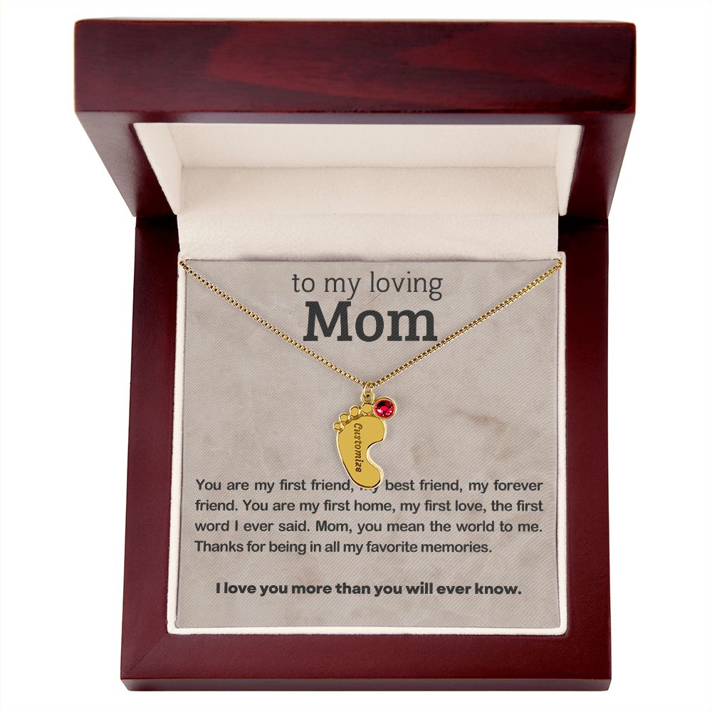 ENGRAVED BABY FEET WITH NAME AND BIRTHSTONE, NECKLACE GIFT FOR MOM WITH KIDS NAME, WITH MESSAGE CARD, BIRTHDAY/MOTHER'S DAY GIFT FOR MOM, FROM SON/DAUGHTER