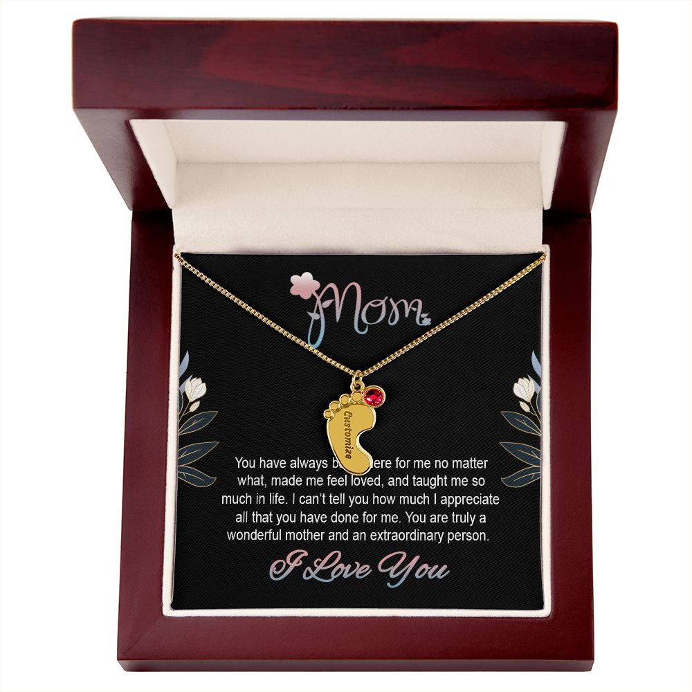 ENGRAVED BABY FEET WITH NAME AND BIRTHSTONE, NECKLACE GIFT FOR MOM WITH KIDS NAME, WITH MESSAGE CARD, BIRTHDAY/ MOTHER'S DAY GIFT FOR MOM FROM SON/DAUGHTER
