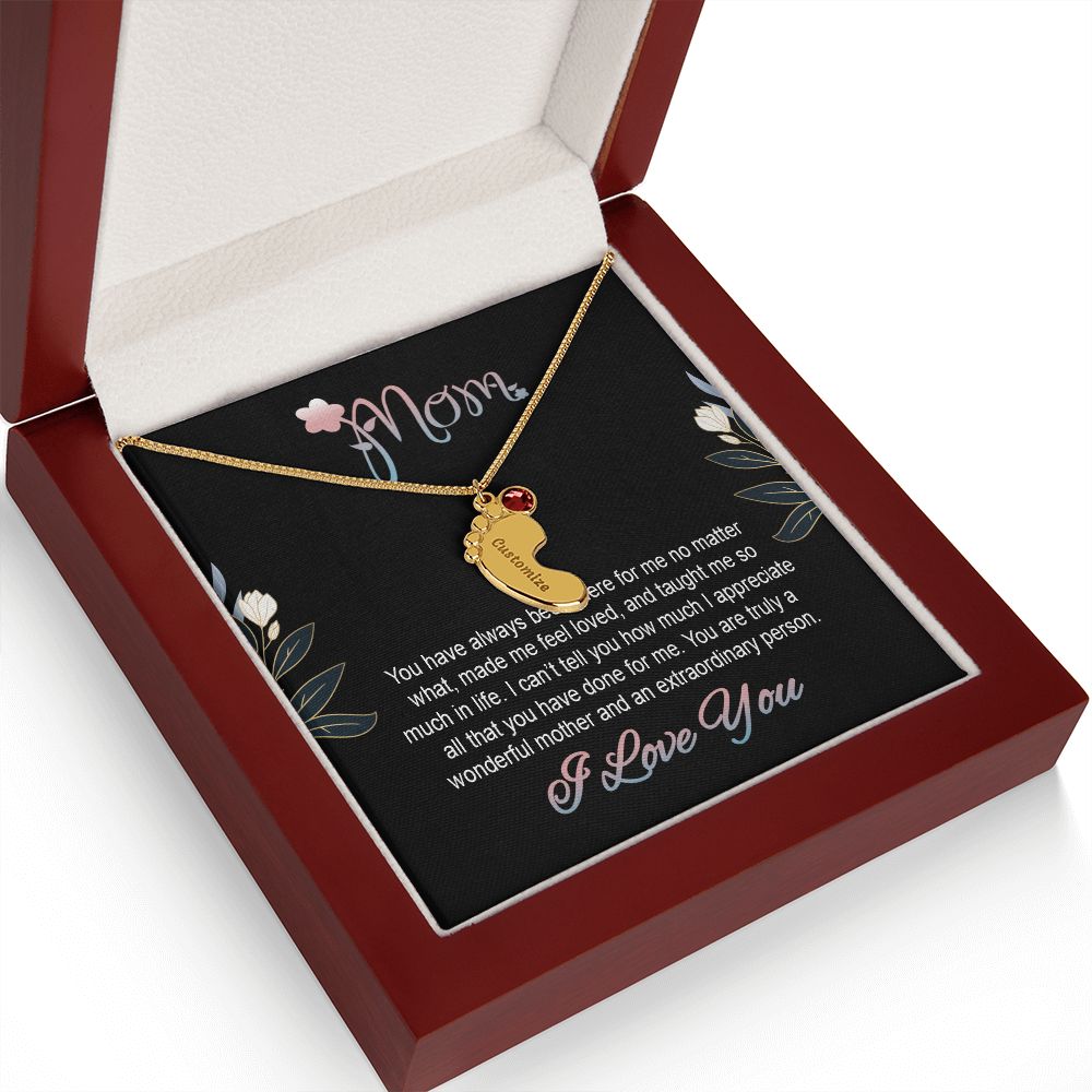 ENGRAVED BABY FEET WITH NAME AND BIRTHSTONE, NECKLACE GIFT FOR MOM WITH KIDS NAME, WITH MESSAGE CARD, BIRTHDAY/ MOTHER'S DAY GIFT FOR MOM FROM SON/DAUGHTER