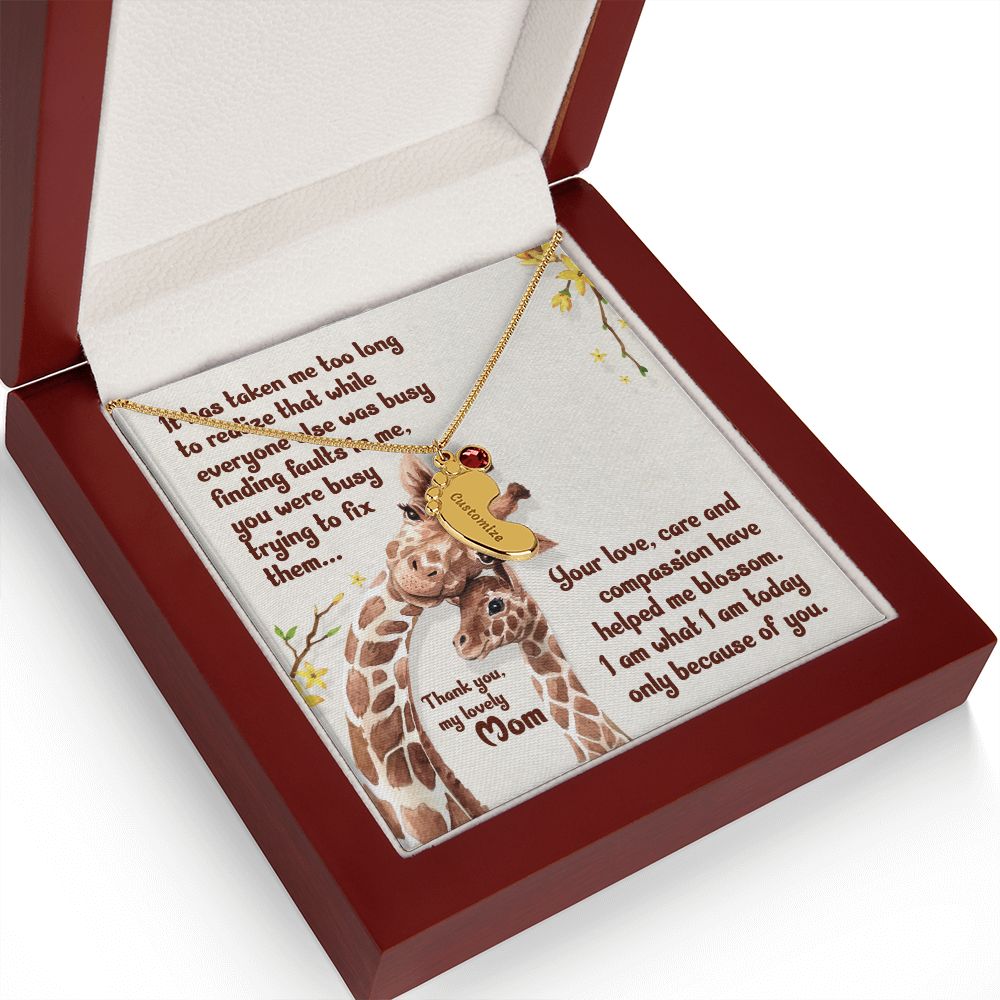 ENGRAVED BABY FEET WITH NAME AND BIRTHSTONE, NECKLACE GIFT FOR MOM WITH KIDS NAME, WITH MESSAGE CARD, HAPPY MOTHER'S DAY, GIFT FOR MOM FROM SON/DAUGHTER