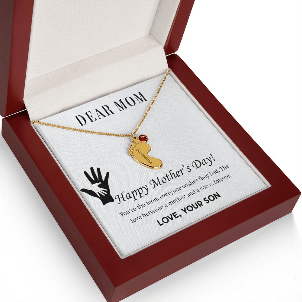 ENGRAVED BABY FEET WITH NAME AND BIRTHSTONE, NECKLACE GIFT FOR MOM WITH KIDS NAME, WITH MESSAGE CARD, BIRTHDAY/ MOTHER'S DAY GIFT FOR MOM FROM SON