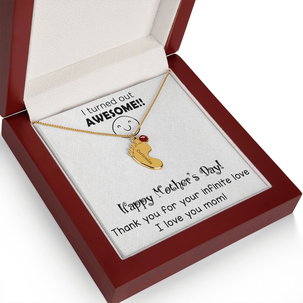 ENGRAVED BABY FEET WITH NAME AND BIRTHSTONE, NECKLACE GIFT FOR MOM WITH KIDS NAME, WITH MESSAGE CARD, MOTHER'S DAY GIFT FOR MOM FROM SON/DAUGHTER