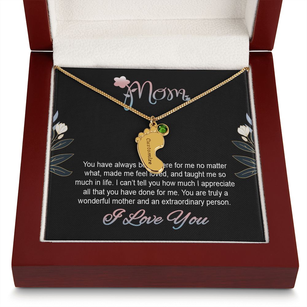 ENGRAVED BABY FEET WITH NAME AND BIRTHSTONE, NECKLACE GIFT FOR MOM WITH KIDS NAME, WITH MESSAGE CARD, BIRTHDAY/ MOTHER'S DAY GIFT FOR MOM FROM SON/DAUGHTER