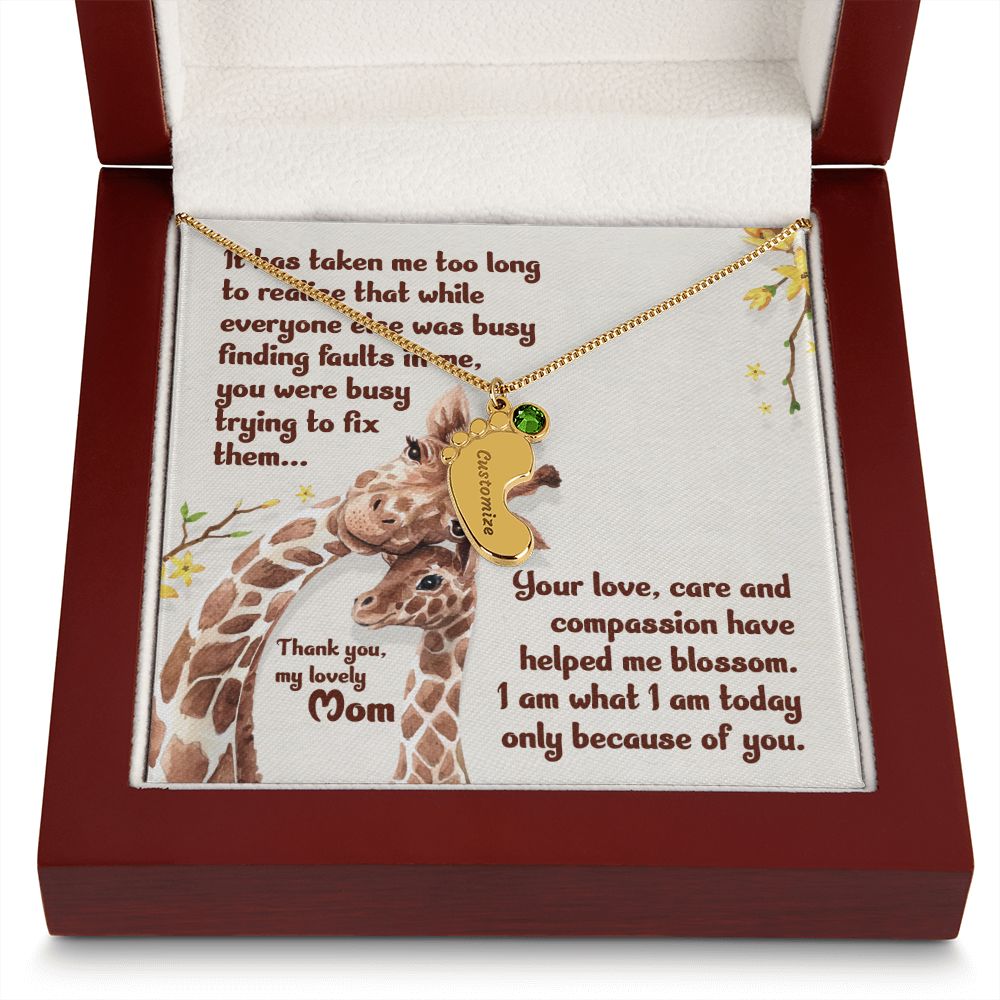 ENGRAVED BABY FEET WITH NAME AND BIRTHSTONE, NECKLACE GIFT FOR MOM WITH KIDS NAME, WITH MESSAGE CARD, HAPPY MOTHER'S DAY, GIFT FOR MOM FROM SON/DAUGHTER