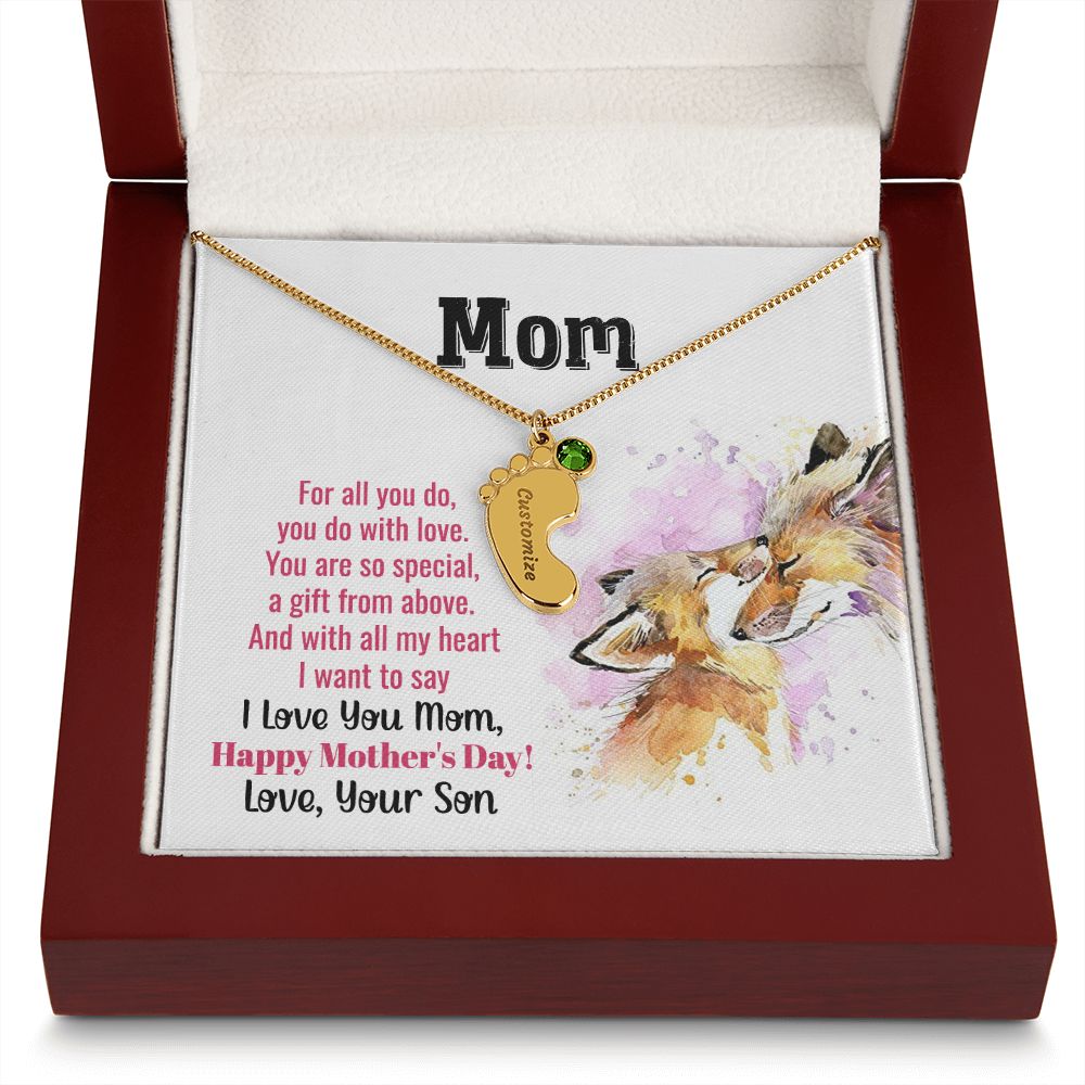 ENGRAVED BABY FEET WITH NAME AND BIRTHSTONE, NECKLACE GIFT FOR MOM WITH KIDS NAME, WITH MESSAGE CARD, MOTHER'S DAY GIFT FOR MOM FROM SON
