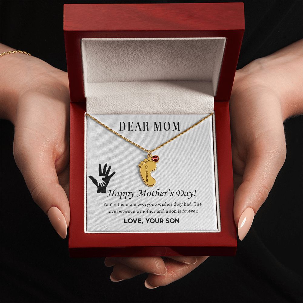 ENGRAVED BABY FEET WITH NAME AND BIRTHSTONE, NECKLACE GIFT FOR MOM WITH KIDS NAME, WITH MESSAGE CARD, BIRTHDAY/ MOTHER'S DAY GIFT FOR MOM FROM SON