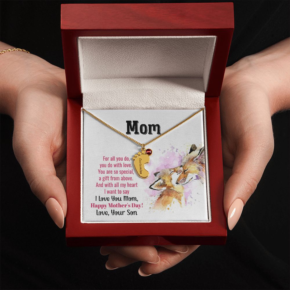 ENGRAVED BABY FEET WITH NAME AND BIRTHSTONE, NECKLACE GIFT FOR MOM WITH KIDS NAME, WITH MESSAGE CARD, MOTHER'S DAY GIFT FOR MOM FROM SON