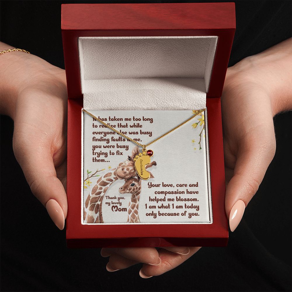 ENGRAVED BABY FEET WITH NAME AND BIRTHSTONE, NECKLACE GIFT FOR MOM WITH KIDS NAME, WITH MESSAGE CARD, HAPPY MOTHER'S DAY, GIFT FOR MOM FROM SON/DAUGHTER