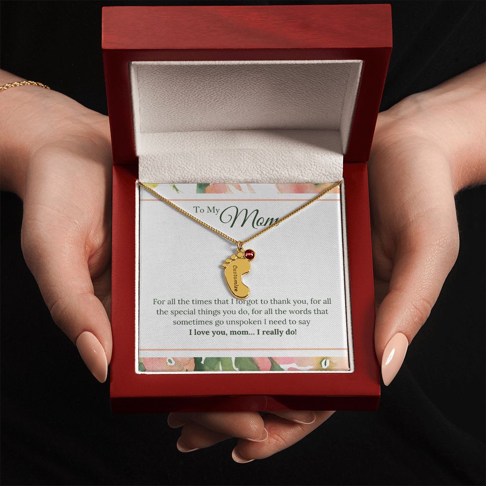 ENGRAVED BABY FEET WITH NAME AND BIRTHSTONE, NECKLACE GIFT FOR MOM WITH KIDS NAME, WITH MESSAGE CARD, HAPPY MOTHER'S DAY GIFT FOR MOM FROM SON/DAUGHTER