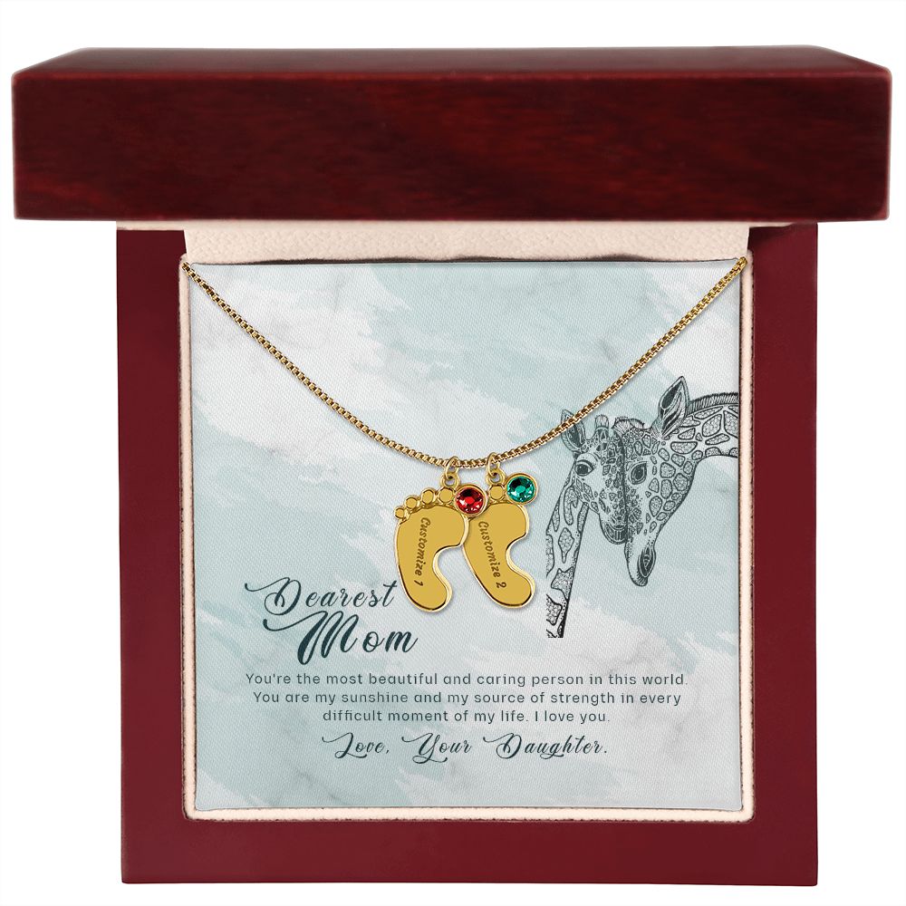 ENGRAVED BABY FEET WITH NAME AND BIRTHSTONE, NECKLACE GIFT FOR MOM WITH KIDS NAME, WITH MESSAGE CARD, BIRTHDAY/MOTHER'S DAY GIFT FOR MOM, FROM DAUGHTER