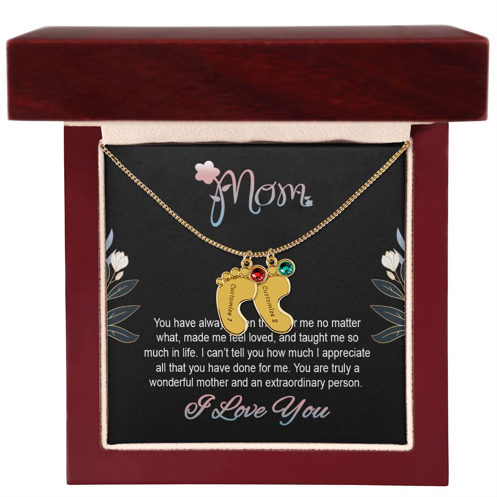 ENGRAVED BABY FEET WITH NAME AND BIRTHSTONE, NECKLACE GIFT FOR MOM WITH KIDS NAME, WITH MESSAGE CARD, BIRTHDAY/ MOTHER'S DAY GIFT FOR MOM FROM SON/DAUGHTER