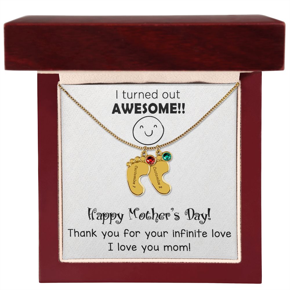 ENGRAVED BABY FEET WITH NAME AND BIRTHSTONE, NECKLACE GIFT FOR MOM WITH KIDS NAME, WITH MESSAGE CARD, MOTHER'S DAY GIFT FOR MOM FROM SON/DAUGHTER