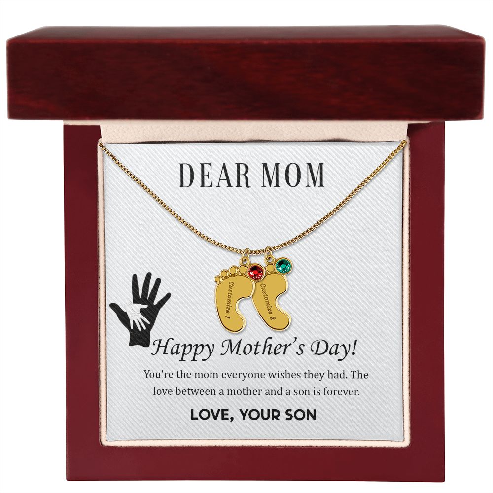 ENGRAVED BABY FEET WITH NAME AND BIRTHSTONE, NECKLACE GIFT FOR MOM WITH KIDS NAME, WITH MESSAGE CARD, BIRTHDAY/ MOTHER'S DAY GIFT FOR MOM FROM SON