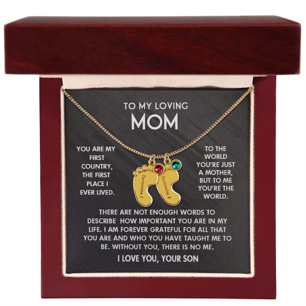 ENGRAVED BABY FEET WITH NAME AND BIRTHSTONE, NECKLACE GIFT FOR MOM WITH KIDS NAME, WITH MESSAGE CARD, BIRTHDAY/ MOTHER'S DAY GIFT FOR MOM FROM SON