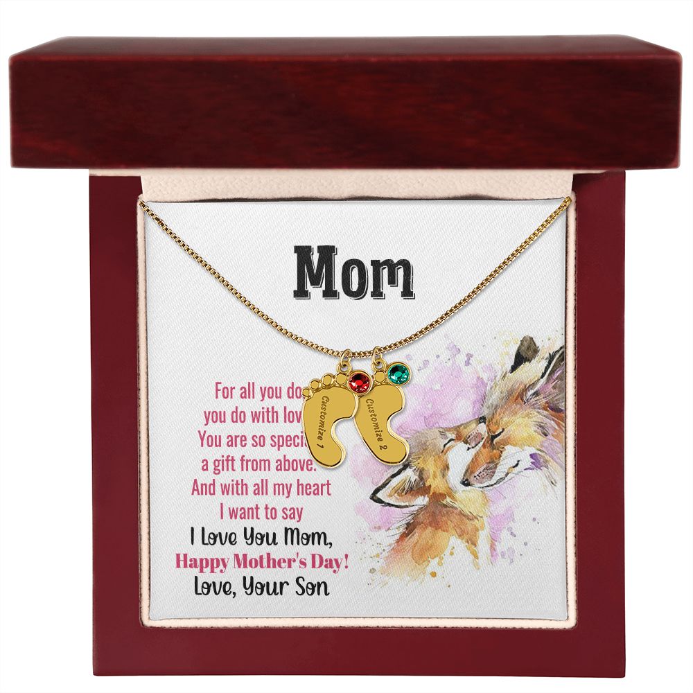 ENGRAVED BABY FEET WITH NAME AND BIRTHSTONE, NECKLACE GIFT FOR MOM WITH KIDS NAME, WITH MESSAGE CARD, MOTHER'S DAY GIFT FOR MOM FROM SON