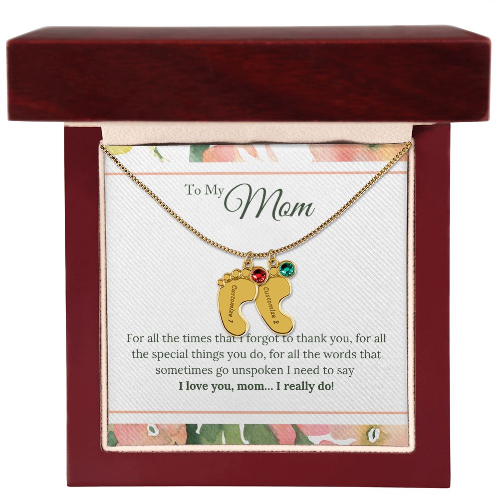 ENGRAVED BABY FEET WITH NAME AND BIRTHSTONE, NECKLACE GIFT FOR MOM WITH KIDS NAME, WITH MESSAGE CARD, HAPPY MOTHER'S DAY GIFT FOR MOM FROM SON/DAUGHTER