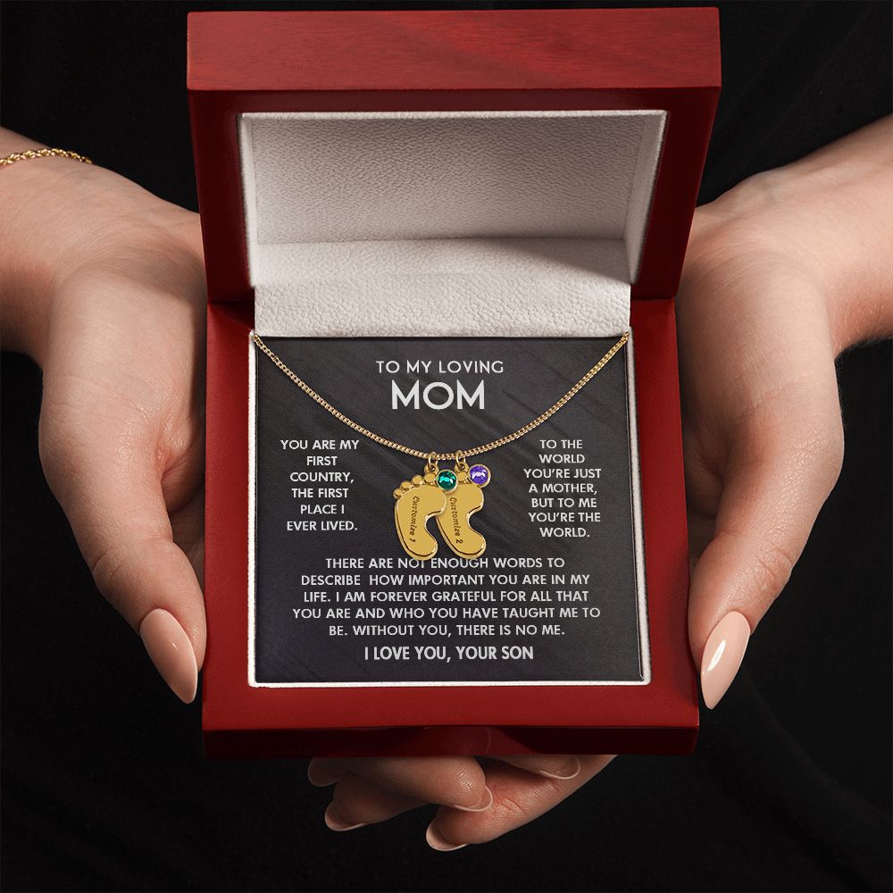 ENGRAVED BABY FEET WITH NAME AND BIRTHSTONE, NECKLACE GIFT FOR MOM WITH KIDS NAME, WITH MESSAGE CARD, BIRTHDAY/ MOTHER'S DAY GIFT FOR MOM FROM SON