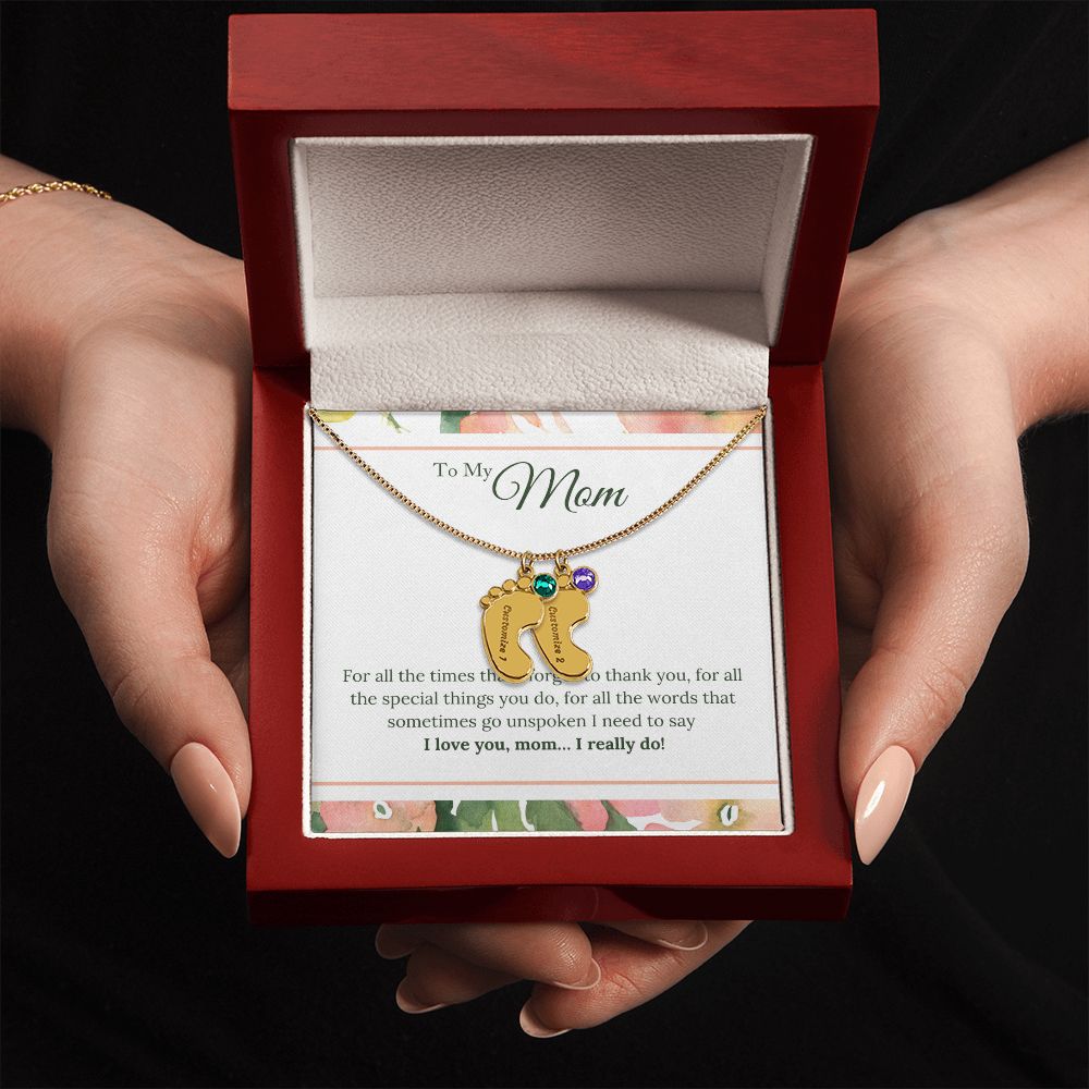 ENGRAVED BABY FEET WITH NAME AND BIRTHSTONE, NECKLACE GIFT FOR MOM WITH KIDS NAME, WITH MESSAGE CARD, HAPPY MOTHER'S DAY GIFT FOR MOM FROM SON/DAUGHTER
