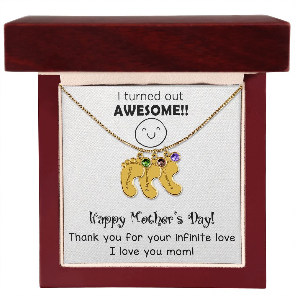 ENGRAVED BABY FEET WITH NAME AND BIRTHSTONE, NECKLACE GIFT FOR MOM WITH KIDS NAME, WITH MESSAGE CARD, MOTHER'S DAY GIFT FOR MOM FROM SON/DAUGHTER