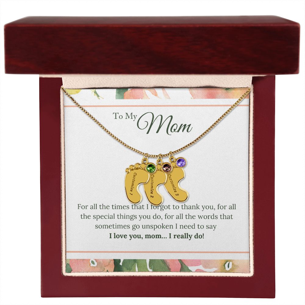 ENGRAVED BABY FEET WITH NAME AND BIRTHSTONE, NECKLACE GIFT FOR MOM WITH KIDS NAME, WITH MESSAGE CARD, HAPPY MOTHER'S DAY GIFT FOR MOM FROM SON/DAUGHTER