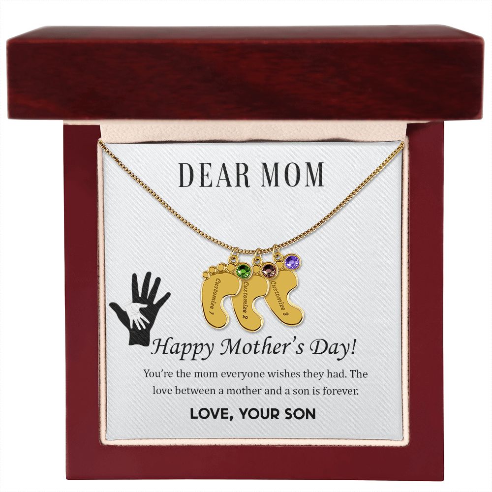 ENGRAVED BABY FEET WITH NAME AND BIRTHSTONE, NECKLACE GIFT FOR MOM WITH KIDS NAME, WITH MESSAGE CARD, BIRTHDAY/ MOTHER'S DAY GIFT FOR MOM FROM SON