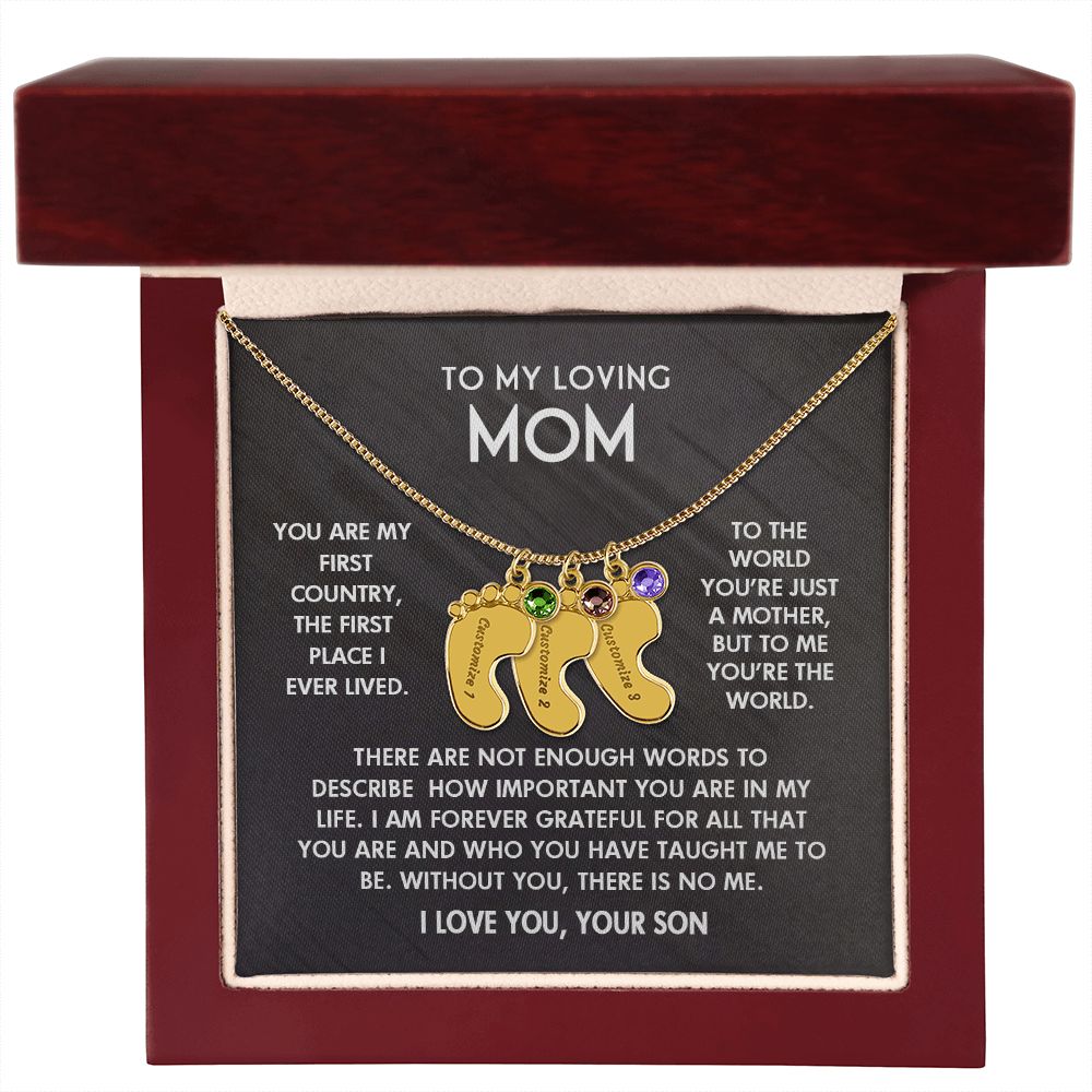 ENGRAVED BABY FEET WITH NAME AND BIRTHSTONE, NECKLACE GIFT FOR MOM WITH KIDS NAME, WITH MESSAGE CARD, BIRTHDAY/ MOTHER'S DAY GIFT FOR MOM FROM SON
