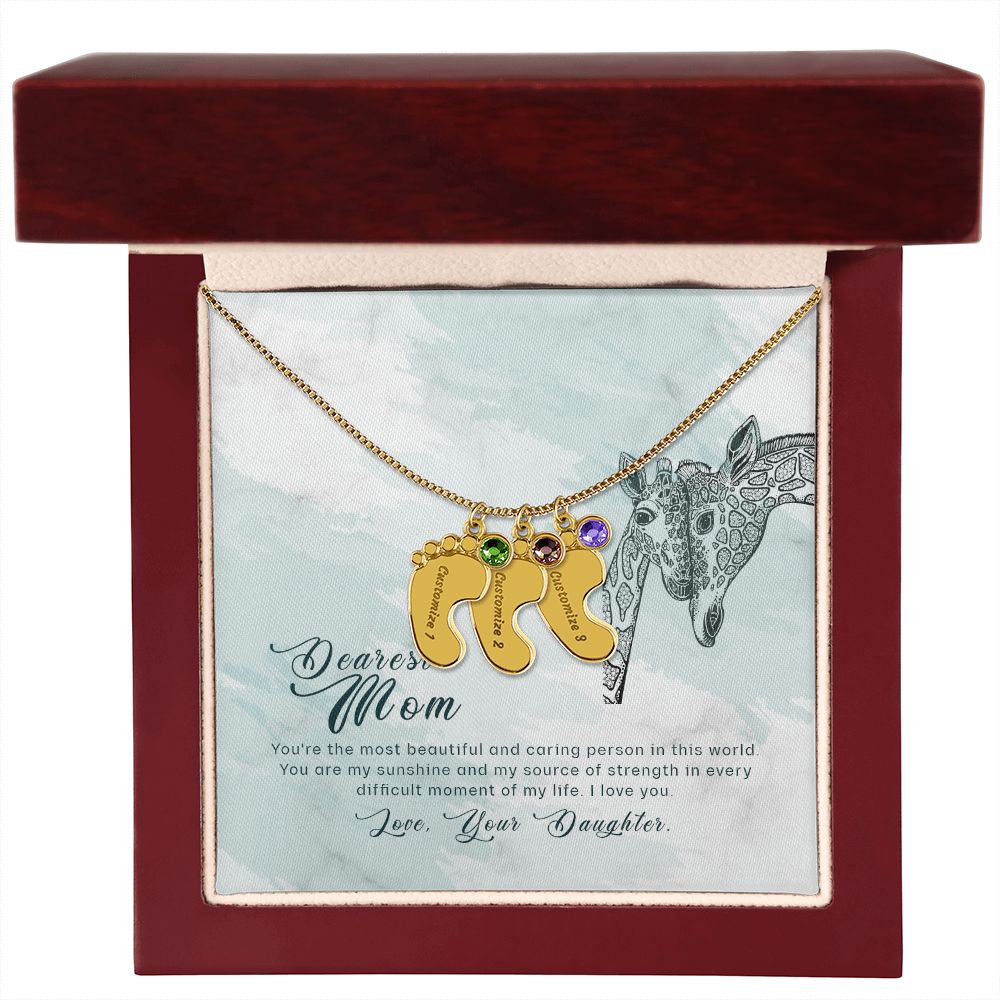 ENGRAVED BABY FEET WITH NAME AND BIRTHSTONE, NECKLACE GIFT FOR MOM WITH KIDS NAME, WITH MESSAGE CARD, BIRTHDAY/MOTHER'S DAY GIFT FOR MOM, FROM DAUGHTER