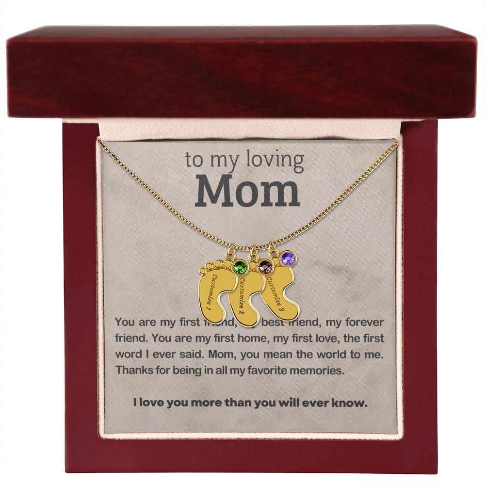 ENGRAVED BABY FEET WITH NAME AND BIRTHSTONE, NECKLACE GIFT FOR MOM WITH KIDS NAME, WITH MESSAGE CARD, BIRTHDAY/MOTHER'S DAY GIFT FOR MOM, FROM SON/DAUGHTER