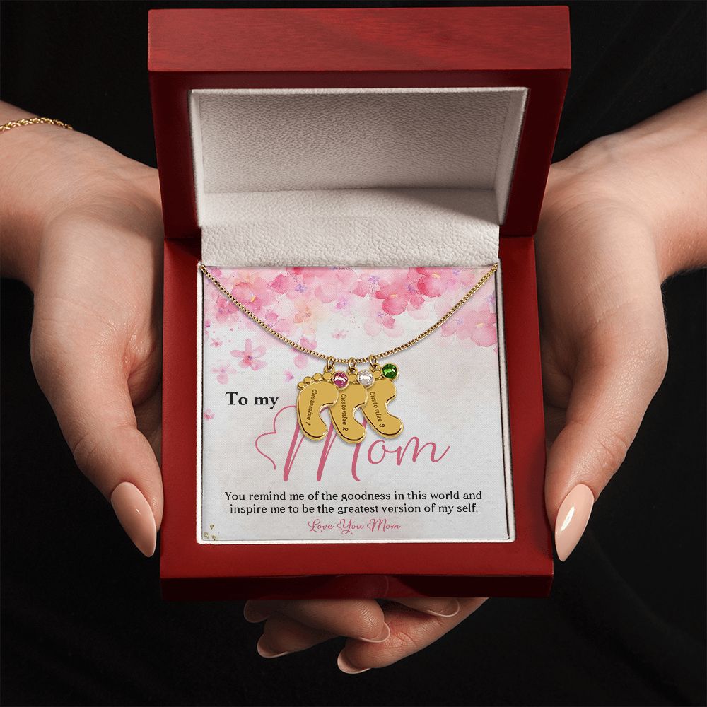 ENGRAVED BABY FEET WITH NAME AND BIRTHSTONE, NECKLACE GIFT FOR MOM WITH KIDS NAME, WITH MESSAGE CARD, BIRTHDAY/ MOTHER'S DAY GIFT FOR MOM FROM SON/DAUGHTER