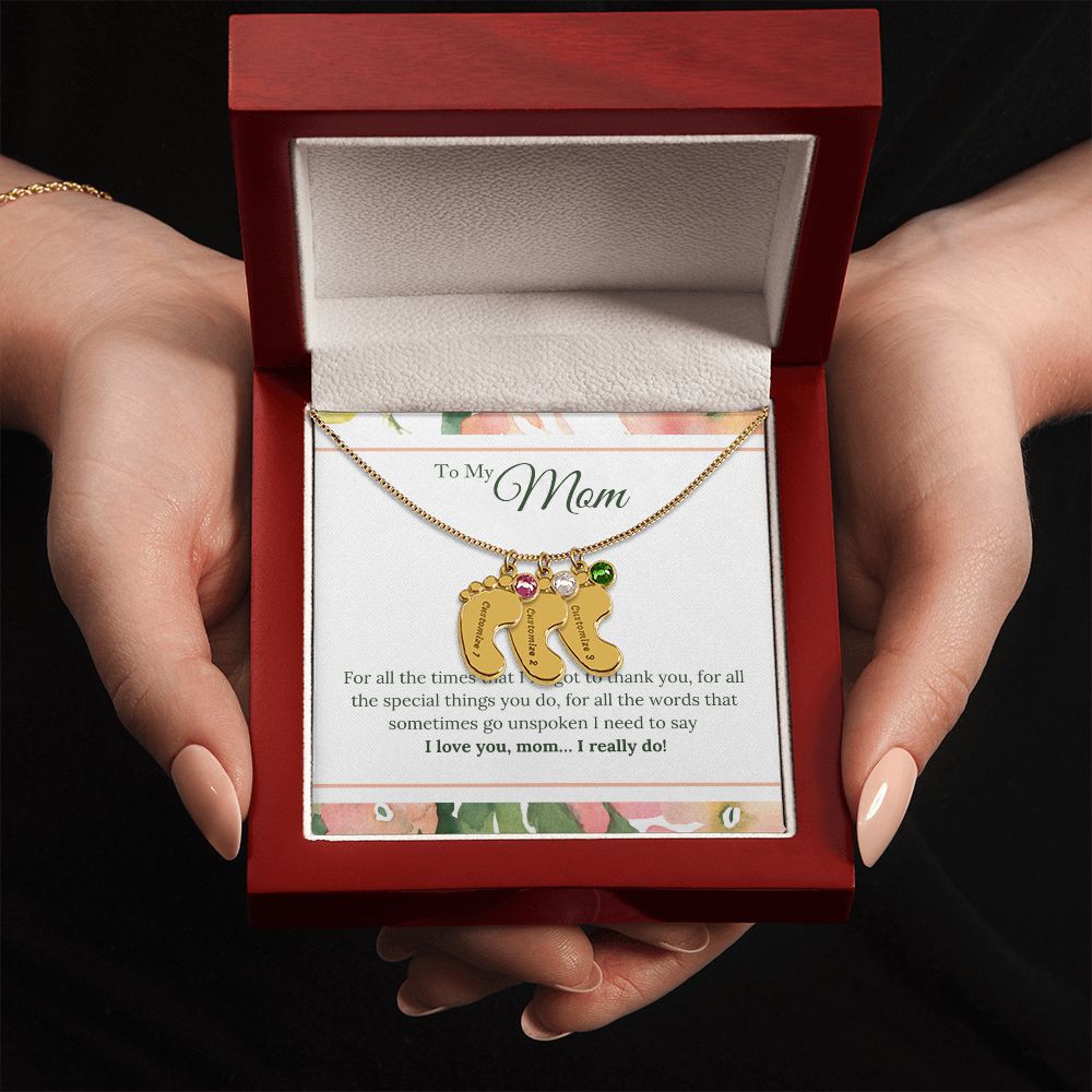 ENGRAVED BABY FEET WITH NAME AND BIRTHSTONE, NECKLACE GIFT FOR MOM WITH KIDS NAME, WITH MESSAGE CARD, HAPPY MOTHER'S DAY GIFT FOR MOM FROM SON/DAUGHTER