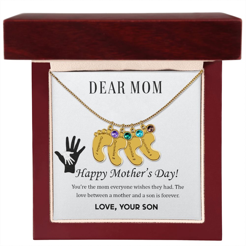 ENGRAVED BABY FEET WITH NAME AND BIRTHSTONE, NECKLACE GIFT FOR MOM WITH KIDS NAME, WITH MESSAGE CARD, BIRTHDAY/ MOTHER'S DAY GIFT FOR MOM FROM SON