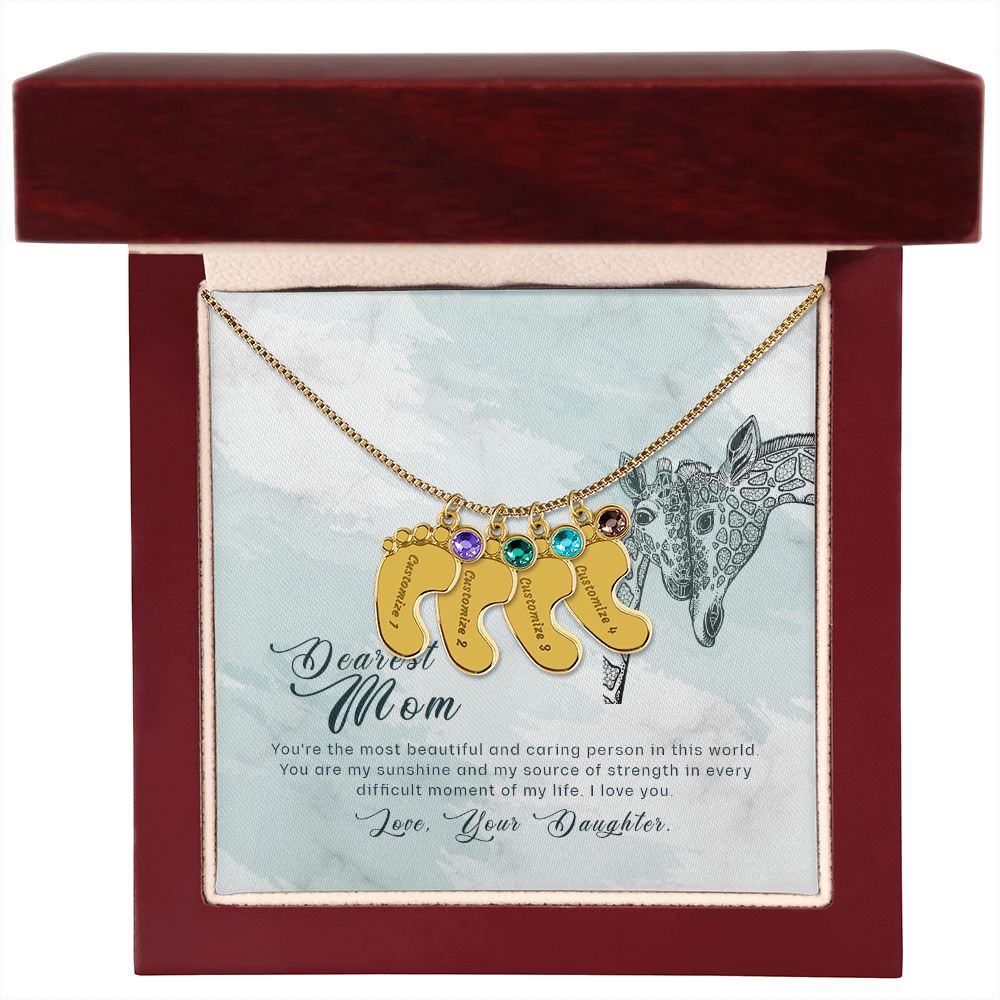 ENGRAVED BABY FEET WITH NAME AND BIRTHSTONE, NECKLACE GIFT FOR MOM WITH KIDS NAME, WITH MESSAGE CARD, BIRTHDAY/MOTHER'S DAY GIFT FOR MOM, FROM DAUGHTER