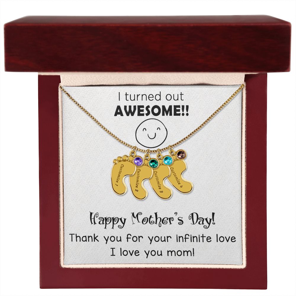 ENGRAVED BABY FEET WITH NAME AND BIRTHSTONE, NECKLACE GIFT FOR MOM WITH KIDS NAME, WITH MESSAGE CARD, MOTHER'S DAY GIFT FOR MOM FROM SON/DAUGHTER
