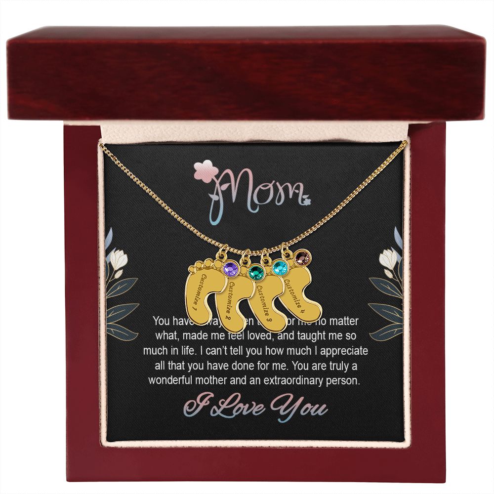 ENGRAVED BABY FEET WITH NAME AND BIRTHSTONE, NECKLACE GIFT FOR MOM WITH KIDS NAME, WITH MESSAGE CARD, BIRTHDAY/ MOTHER'S DAY GIFT FOR MOM FROM SON/DAUGHTER