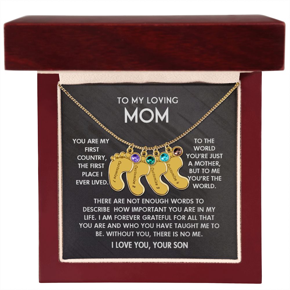 ENGRAVED BABY FEET WITH NAME AND BIRTHSTONE, NECKLACE GIFT FOR MOM WITH KIDS NAME, WITH MESSAGE CARD, BIRTHDAY/ MOTHER'S DAY GIFT FOR MOM FROM SON