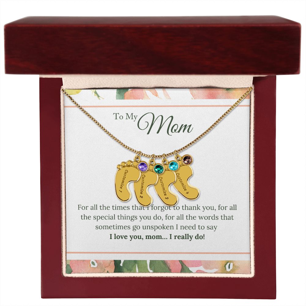 ENGRAVED BABY FEET WITH NAME AND BIRTHSTONE, NECKLACE GIFT FOR MOM WITH KIDS NAME, WITH MESSAGE CARD, HAPPY MOTHER'S DAY GIFT FOR MOM FROM SON/DAUGHTER