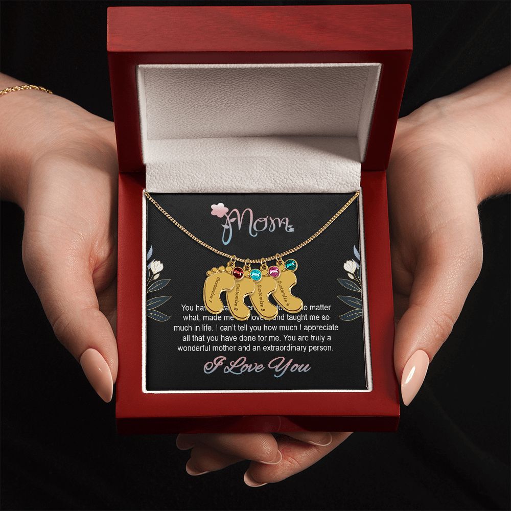 ENGRAVED BABY FEET WITH NAME AND BIRTHSTONE, NECKLACE GIFT FOR MOM WITH KIDS NAME, WITH MESSAGE CARD, BIRTHDAY/ MOTHER'S DAY GIFT FOR MOM FROM SON/DAUGHTER