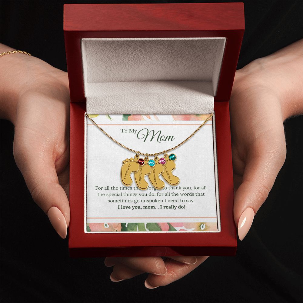 ENGRAVED BABY FEET WITH NAME AND BIRTHSTONE, NECKLACE GIFT FOR MOM WITH KIDS NAME, WITH MESSAGE CARD, HAPPY MOTHER'S DAY GIFT FOR MOM FROM SON/DAUGHTER