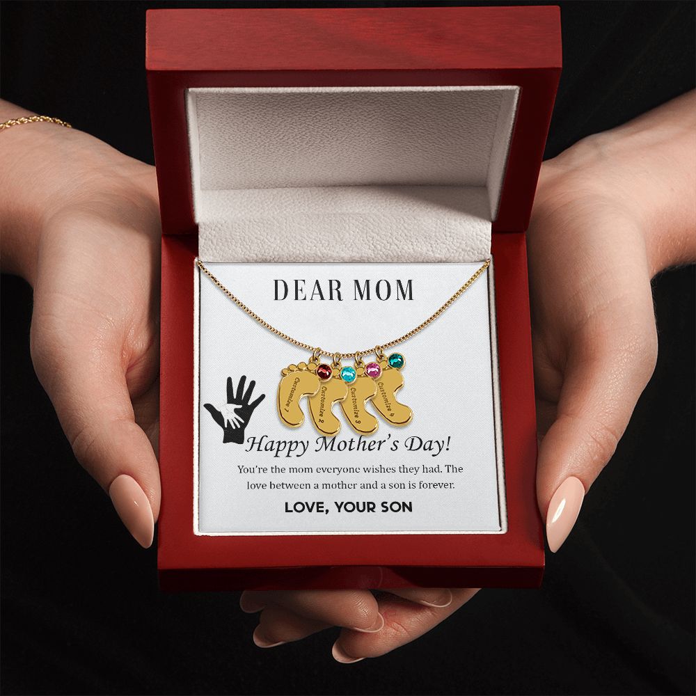 ENGRAVED BABY FEET WITH NAME AND BIRTHSTONE, NECKLACE GIFT FOR MOM WITH KIDS NAME, WITH MESSAGE CARD, BIRTHDAY/ MOTHER'S DAY GIFT FOR MOM FROM SON
