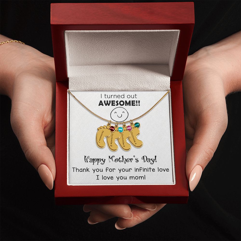 ENGRAVED BABY FEET WITH NAME AND BIRTHSTONE, NECKLACE GIFT FOR MOM WITH KIDS NAME, WITH MESSAGE CARD, MOTHER'S DAY GIFT FOR MOM FROM SON/DAUGHTER