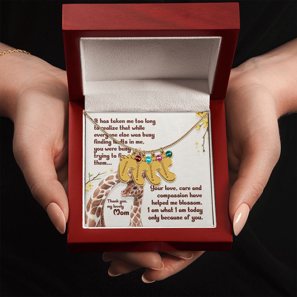 ENGRAVED BABY FEET WITH NAME AND BIRTHSTONE, NECKLACE GIFT FOR MOM WITH KIDS NAME, WITH MESSAGE CARD, HAPPY MOTHER'S DAY, GIFT FOR MOM FROM SON/DAUGHTER